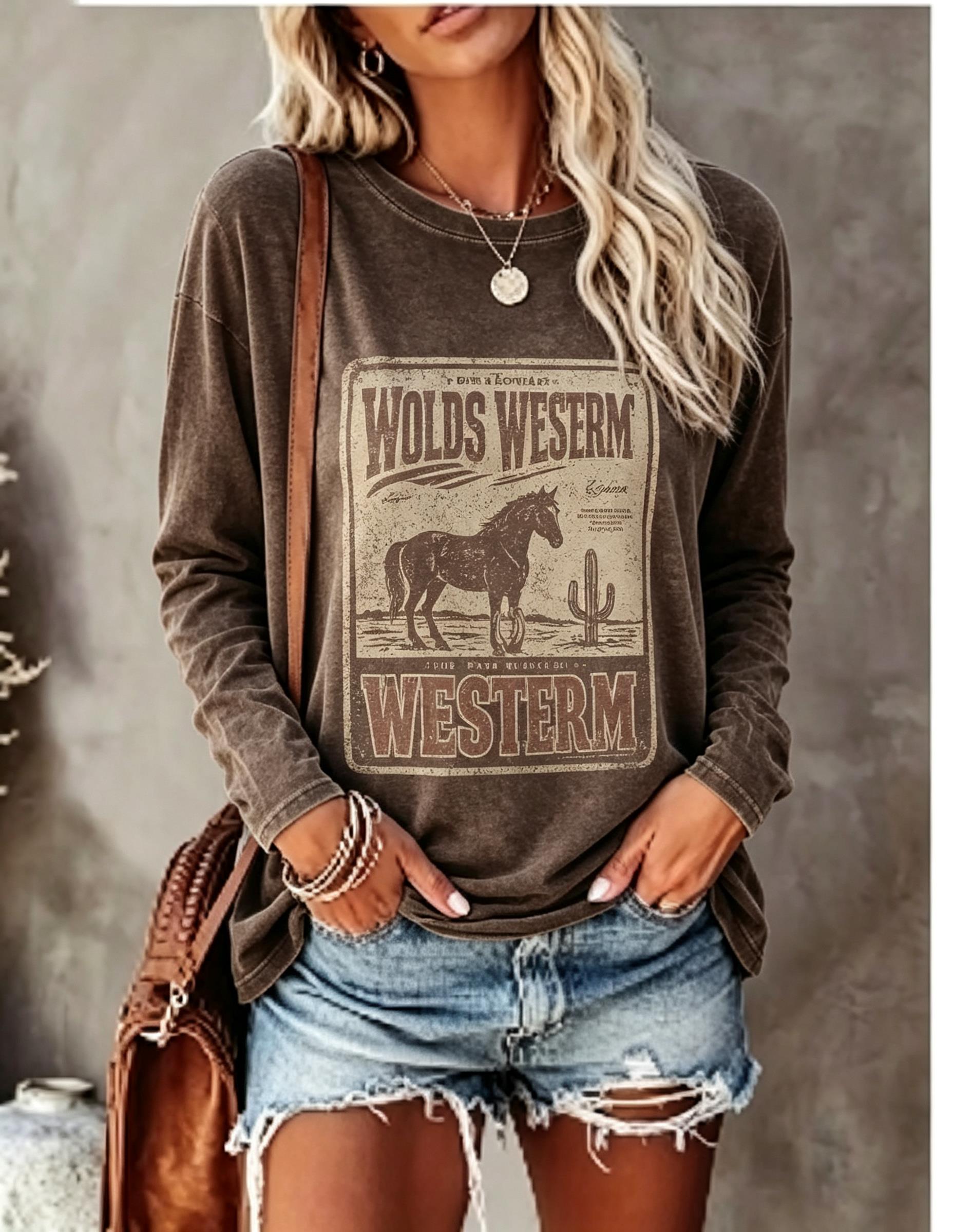 T-Shirts - Kadın Uzun Kollu Tişört, Vintage Batı