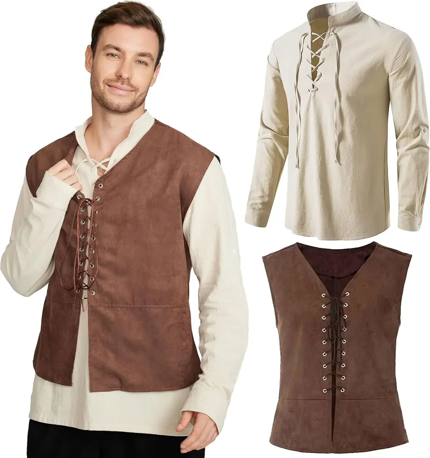 2 Parçalı Set Erkek Orta Çağ K - Medieval Gothic Lace Up Pirate Shirt incelemesi ve fiyatı